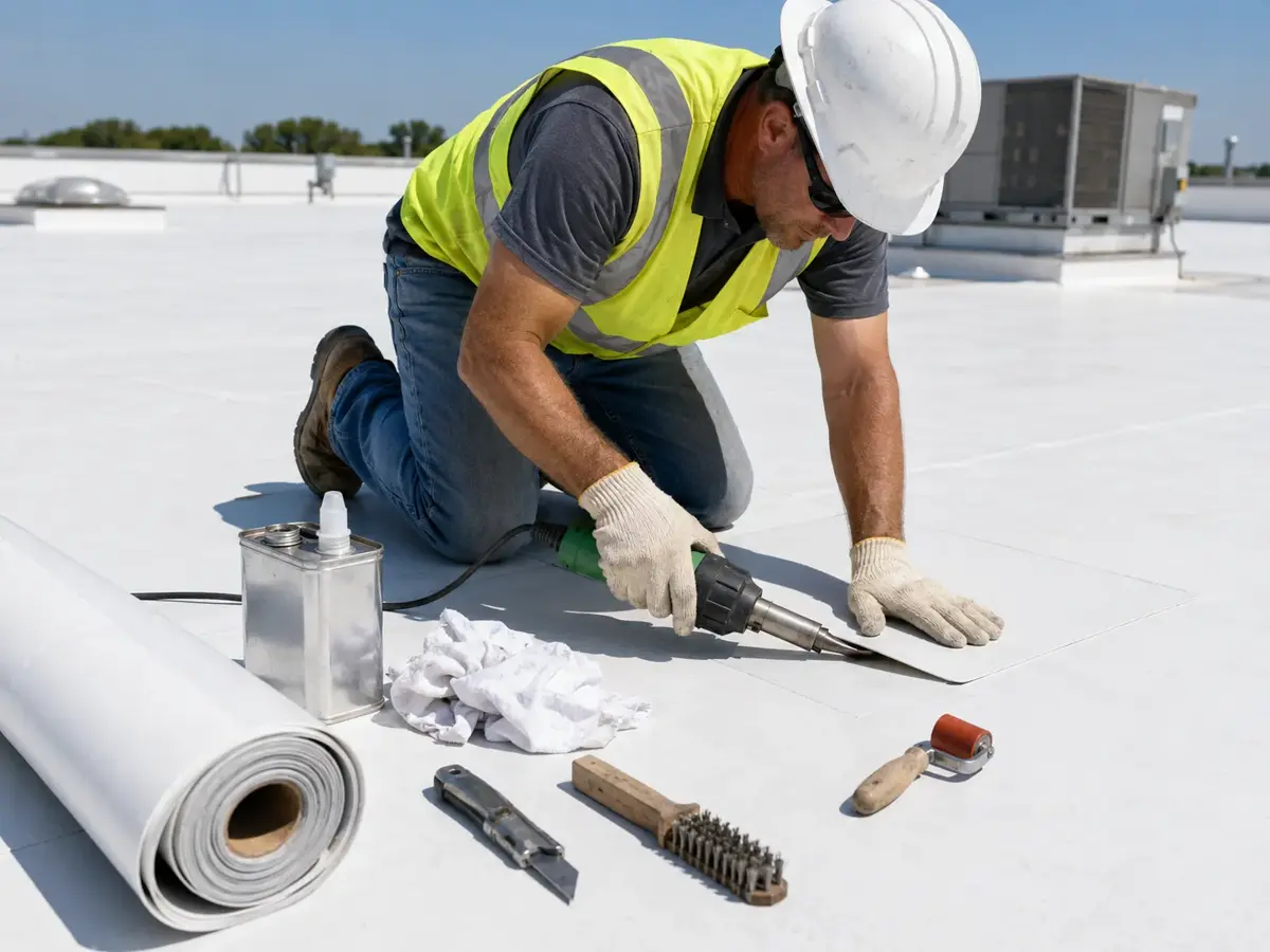 Commercial roof repair technician welding TPO membrane patch in Cary NC