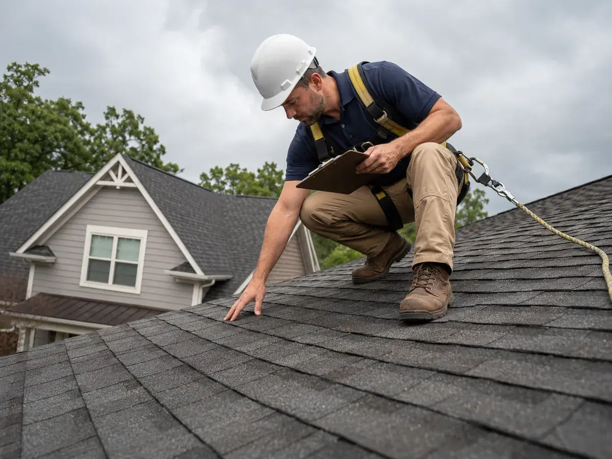 Roof inspector checking shingles during free inspection in Selma, NC