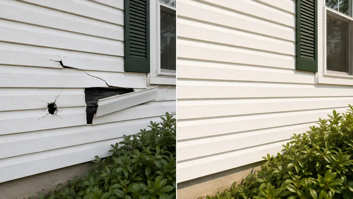 Siding repair before and after - cracked siding repaired seamlessly